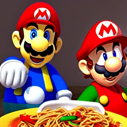 Image similar to photo of mario and luigi eating spaghetti at an italian restaurant