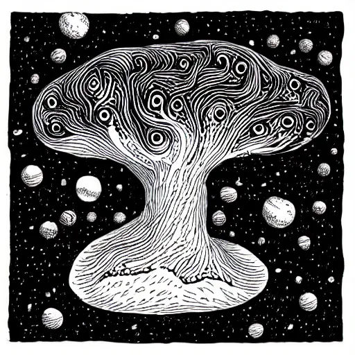 Image similar to black and white ink doodle illustration of an ancient tree floating in outer space, overgrown with funghi, style by peter deligdisch, peterdraws