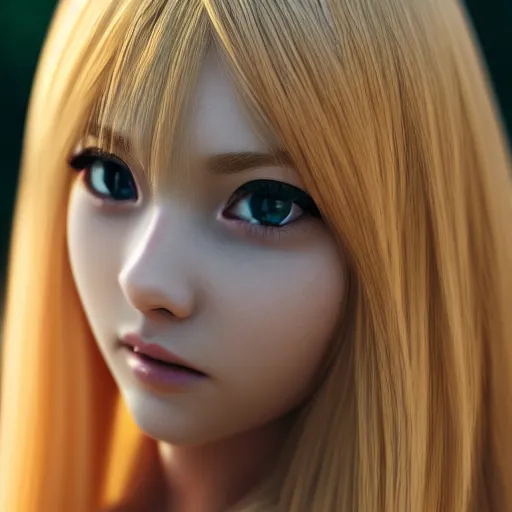 Image similar to a beautiful blond anime girl made from plants, full body shot, symmetrical face, 8 k, shallow depth of field, moody lighting, cinematic lighting,
