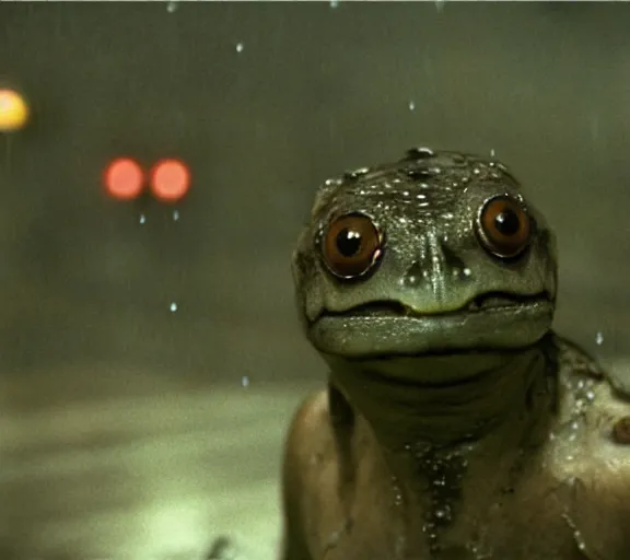 Image similar to Close up of Lepidobatrachus laevis smiling and facing the camera in a still from the movie Blade Runner (1982), high quality, rain, rain drops, cold lighting, 4k, night, award wining photo