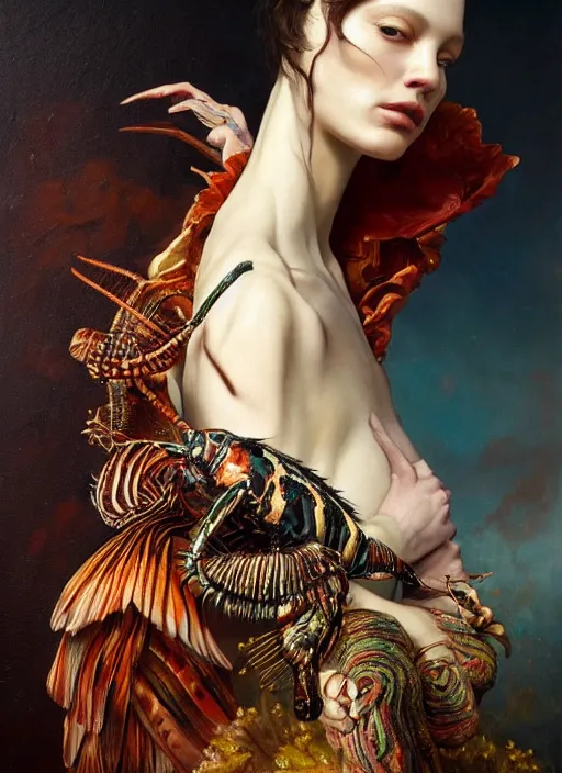 Prompt: highly detailed oil painting | very intricate | cinematic lighting | award - winning | mantis shrimp fashion by alexander mcqueen | by roberto ferri, by tom bagshaw, by j. c. leyendecker and klimt, american romanticism, by austin osman spare, artstation, cgsociety, official art, octane