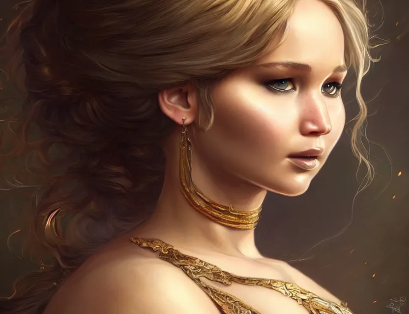 Image similar to Jennifer Lawrence, closeup, D&D, fantasy, intricate, elegant, highly detailed, digital painting, artstation, concept art, matte, sharp focus, illustration, hearthstone, art by Artgerm and Greg Rutkowski and Alphonse Mucha