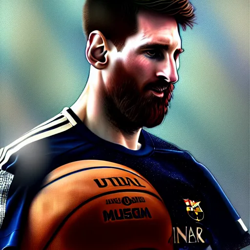 Image similar to Messi dunking a basketball, D&D, fantasy, intricate, elegant, highly detailed, digital painting, artstation, concept art, matte, sharp focus, illustration, art by Artgerm and Greg Rutkowski and Alphonse Mucha