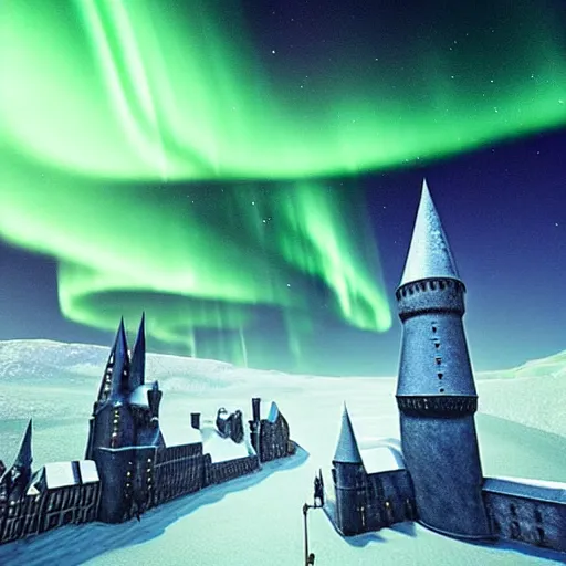 Image similar to “Hogwarts School of Witchcraft and Wizardry with the norther lights in the background. 4k, 8k, unreal 5, very detailed, hyper control-realism,.”