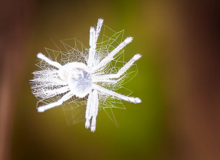 Prompt: super macro of a clear white crystal spider on a flower, in the forest. Fantasy magic style. Highly detailed 8k. Intricate. Nikon d850 300mm. Award winning photography.