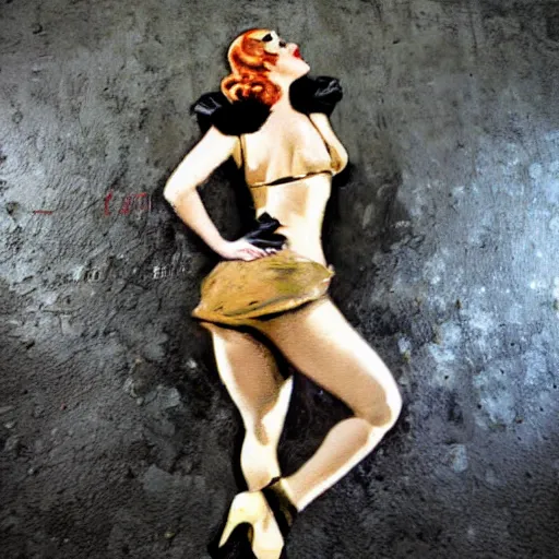 Prompt: rough rugged ww 2 nose art of a pinup girl on a black wall