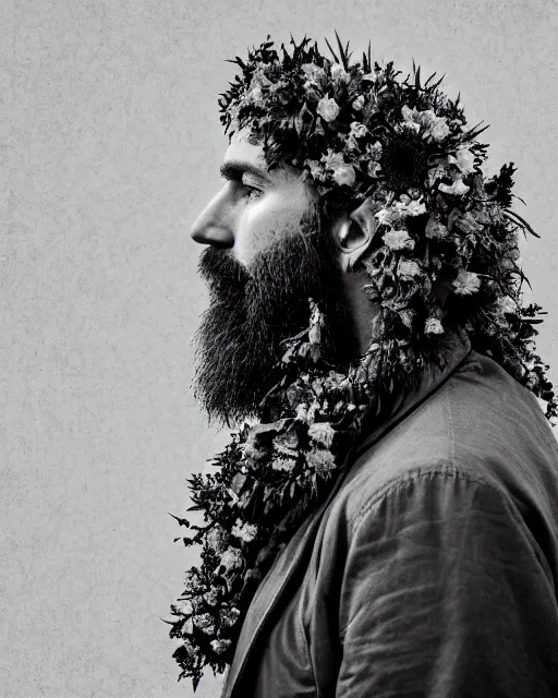 Prompt: a man's face in profile, long beard, made of flowers, in the style of the Dutch masters and Ansel Adams, dark and moody