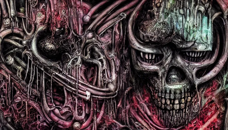 Prompt: h. r. giger, sorrow intense likely, acid bleeding deep colors, sense of decay given, throw into the abyssal despair, various refining techniques, micro macro auto focus