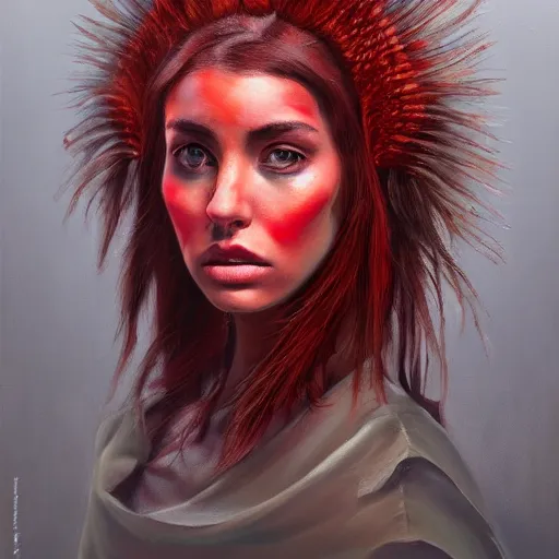 Image similar to a portrait of an intensely lit scutigera girl modeling, red, oil painting, pale colors, high detail, 8 k, wide angle, trending on artstation,