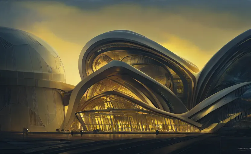 Image similar to exterior shot of utopian architecture building with cinematic lighting by zaha hadid and renzo piano, darek zabrocki and greg ruthkowski, alphonse mucha, simon stalenhag, cinematic, paradise, scifi, futurism, atmospheric, sunset, concept art, artstation, trending on artstation