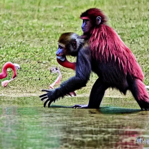 Image similar to monkey-flamingo hybrid in battle armor fighting a grizzly bear