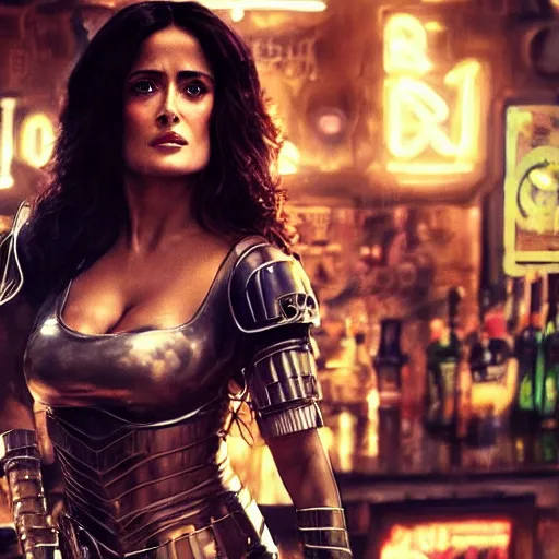 Prompt: salma hayek in a cyberpunk city bar wearing impractical female armour, perfect proportions, beautiful face, perfect eyes, real life colors, elegant, sharp focus, hyper - realistic, 4 k, highly detailed, hd, dramatic lighting by brom