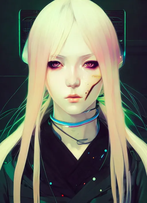 Image similar to portrait Anime girl cyberpunk, cute-fine-face, white-hair pretty face, realistic shaded Perfect face, fine details. Anime, cyberpunk. realistic shaded lighting by Ilya Kuvshinov and Gustav Klimt