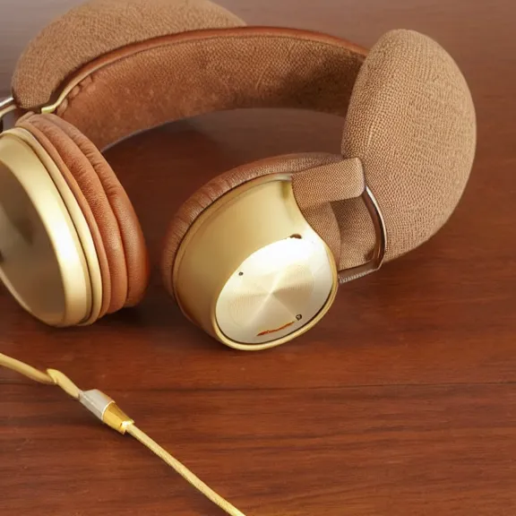 Prompt: beautiful well designed realistic meze classics headphones gold metal, wood cups, leather padding, next to an amplifier on mahogany desk, modernist headphones, wood headphones hyperrealistic, audiophile, intricate high detail, extreme quality, photographic, meze audio, sennheiser