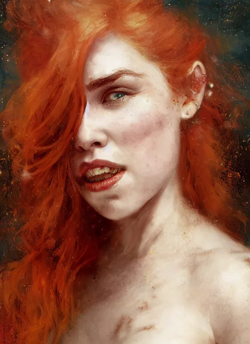 Image similar to mischievous redhead emilia clarke, staring happy and seductivelly, fully clothed, detailed, by gaston bussiere, bayard wu, greg rutkowski, giger, maxim verehin, greg rutkowski, masterpiece, sharp focus, cinematic lightning