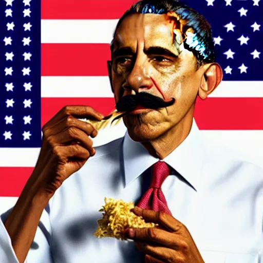 Prompt: Obama with a mustache eating pasta, vaporwave