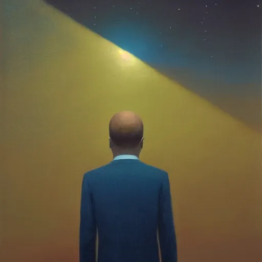 Prompt: a portrait of a man in a suit, his head is a skull, it is night and the sky is covered in stars, dramatic and cinematic lights, in the style of zdzislaw beksinski, in the style of edward hopper, 4 k,