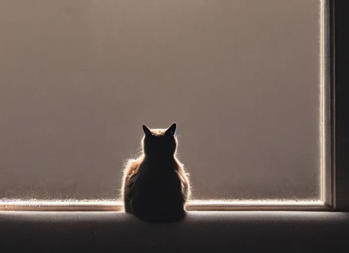 Image similar to photography of a Cat . watching outside the window while it rains. on a bed. in a room full of vinyls and posters, photorealistic, raining award winning photo, 100mm, sharp, high res