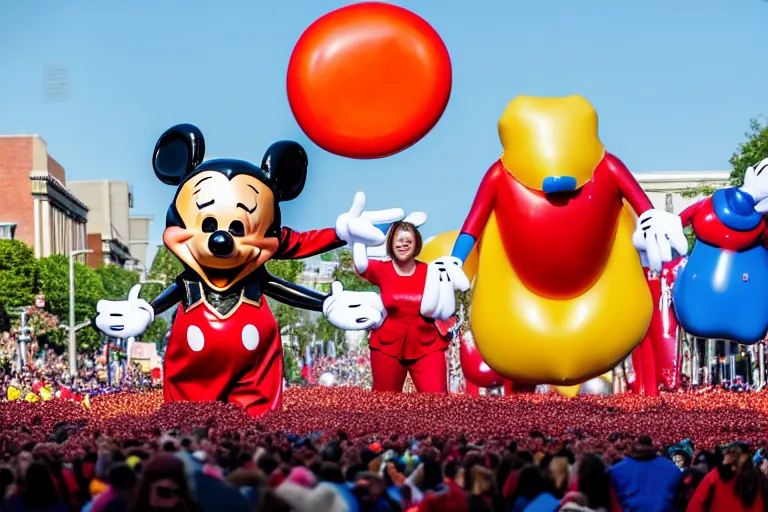 Prompt: photo of famous pop culture characters elaborate parade with deflated float characters designed by walt disney and all float characters are deflated!!!!!!!!!!!!!!, in the macys parade, detailed 4 k photo,