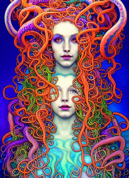 Prompt: A sea goddess with colorful tentacles hair having an colorful enlightening, magic mushrooms, psilocybin, LSD, face, detailed, intricate, elegant, highly detailed, digital painting, artstation, concept art, smooth, sharp focus, illustration, art by Krenz Cushar, Artem Demura, alphonse mucha, Octane render, unreal engine, 8K