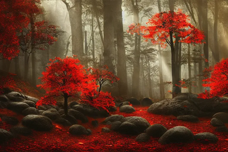 Prompt: deep dark moody candy forest, peppermint stick trees, cotton candy bushes, big colorful rock candy boulders, gumdrop mushrooms, chocolate creek, dark mood. mysterious realistic painting. photobashing, matte painting, highly detailed, autumn, cinematic, hyperrealistic, artstation, dramatic lighting, god rays, clean crisp graphics, smooth sharp focus, extremely detailed