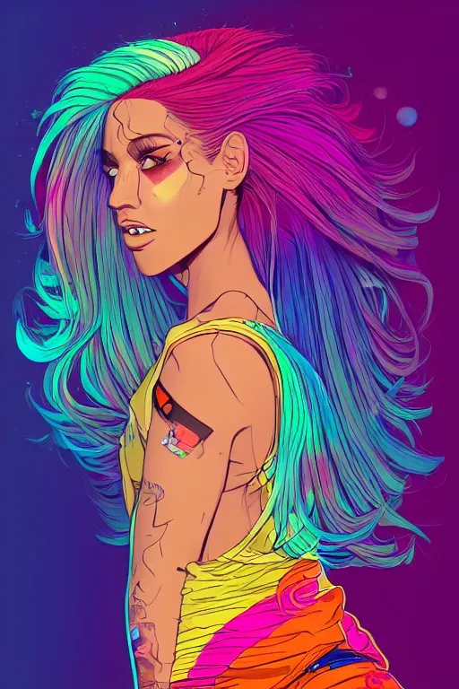 Image similar to a award winning half body portrait of a beautiful woman with stunning eyes in a printed croptop and cargo pants with rainbow colored ombre hairstyle head in motion and hair flying by josan gonzales, outrun, vaporware, shaded flat illustration, digital art, trending on artstation, highly detailed, fine detail, intricate