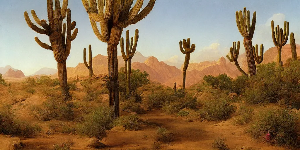 Prompt: beautiful lush desert landscape oasis artwork by eugene von guerard