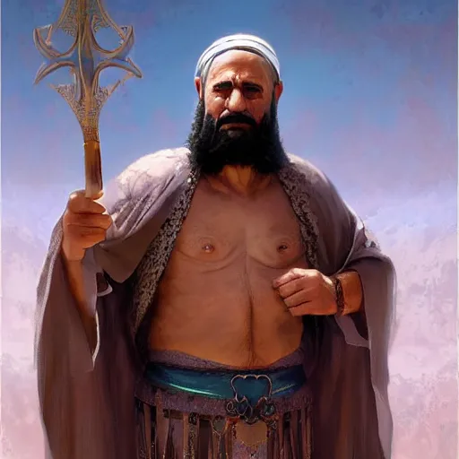 Image similar to A beautiful digital painting of a 60 year old man with middle eastern skin and Biblical clothing, short hair, hairy arms, tunic covering his body, by Stanley Artgerm Lau, frank frazetta, Rossdraws, James Jean, gerald brom, Andrei Riabovitchev, Marc Simonetti, and Sakimichan, trending on artstation, SFW version