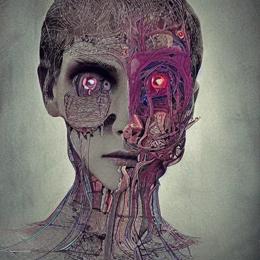 Image similar to portrait of human face inside is out of the skin, art nouveau, cyberpunk, grainy image