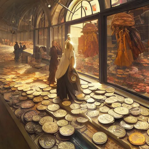 Image similar to modern coin shop with a lot of coins, 4 k, octane, digital painting, artstation, concept art, sharp focus, illustration, art by artgerm and greg rutkowski and alphonse mucha