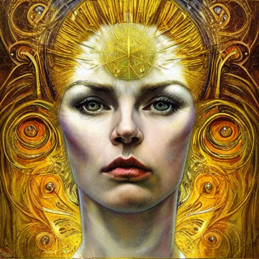 Image similar to Divine Chaos Engine portrait by Karol Bak, Jean Deville, Gustav Klimt, and Vincent Van Gogh, celestial, visionary, sacred, fractal structures, ornate realistic gilded medieval icon, spirals, mystical