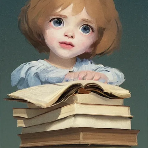 Prompt: a cute little girl with a round cherubic face, blue eyes, and short wavy light brown hair sitting on top of a stack of books. beautiful cartoon painting with highly detailed face by quentin blake and greg rutkowski