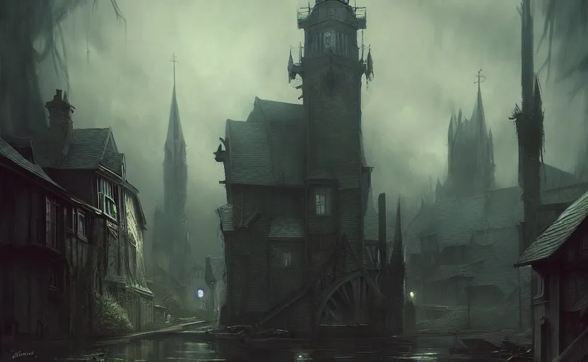 Prompt: extreme long shot concept art depicted an old english mystic town | art by thornton oakley and darek zabrocki and harvey dunn | dramatic mood, overcast mood, dark fantasy environment | fantasypunk, trending on artstation, unreal engine, hyperreal movie shot
