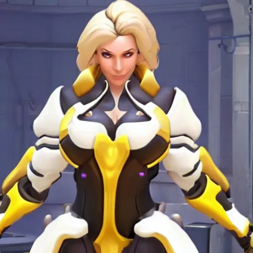 Image similar to a screenshot of arnold schwarzenegger as mercy in overwatch, full body shot