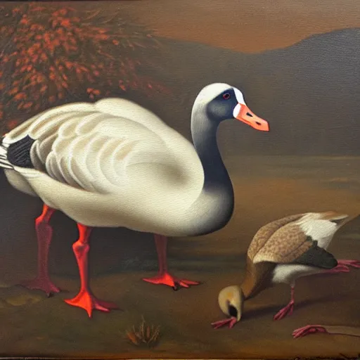 Image similar to oil painting of a goose with dozens of eyes all over its body