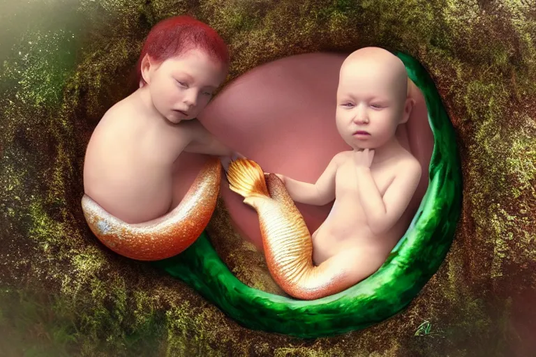 Prompt: a baby mermaid laying inside of an egg, photography, concept art, digital art, trending on artstation, 4 k, extremely detailed, realistic, photorealistic, anne geddes