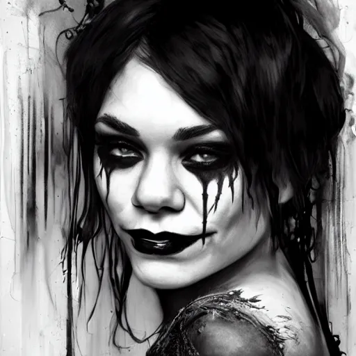 Image similar to beautiful portrait of vanessa hudgens as death from sandman, smiling, by cedric peyravernay, alphonse mucha, by jeremy mann, by lecouffe deharme, goth chic, soft lightning, eyeliner, punk rock, high detailed, 8 k