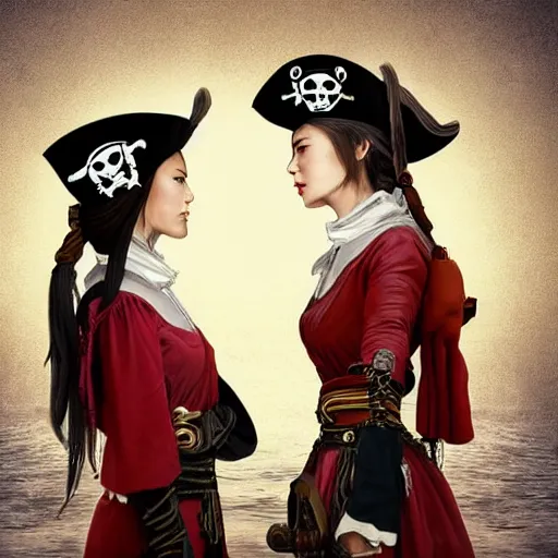 Prompt: a scene of two beautiful female pirate captains standing face to face, detailed digital art by japanese artist