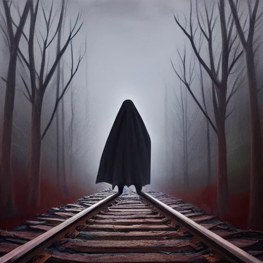 Image similar to ominous bedsheet ghost standing on train tracks in the forest, oil painting, brush strokes, gloomy foggy atmosphere, symmetrical, full body image, highly ornate intricate details,