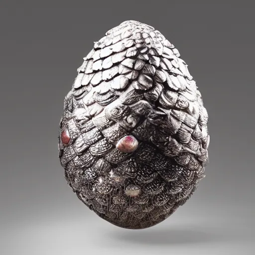 Image similar to daenerys dragon egg inspired, jewel encrusted Fabergé egg and Hans ruedy giger, hyperrealism, detailed, luxury, high definition, ultradetailed,