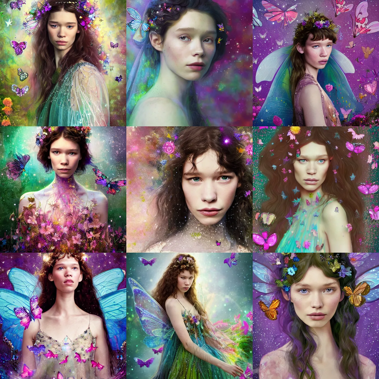 Prompt: portrait of astrid berges frisbey as a fairy princess. she is facing the camera. digital illustration. wearing a dress made out of stars. flowers and butterflies surround her. trending on art station, low detail, fluid, dreamy, vivid colours. sharp focus. wow!