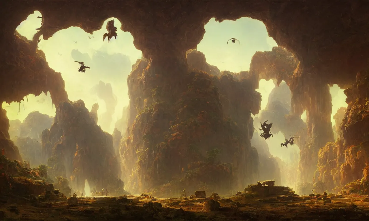 Image similar to A beautiful cave with an arena stage by Simon Stålenhag and Albert Bierstadt, oil on canvas, with a dragon flying above the temples