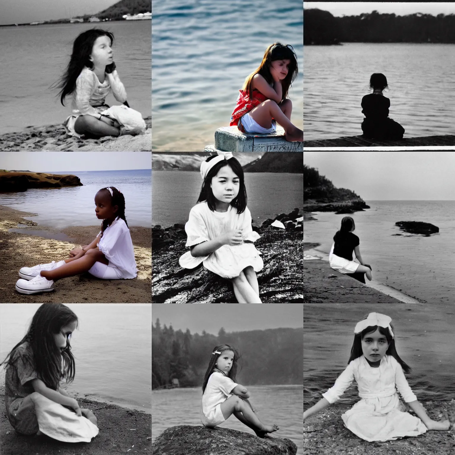 Prompt: a white shoe on top of the head of a girl sitting by the shore, photograph