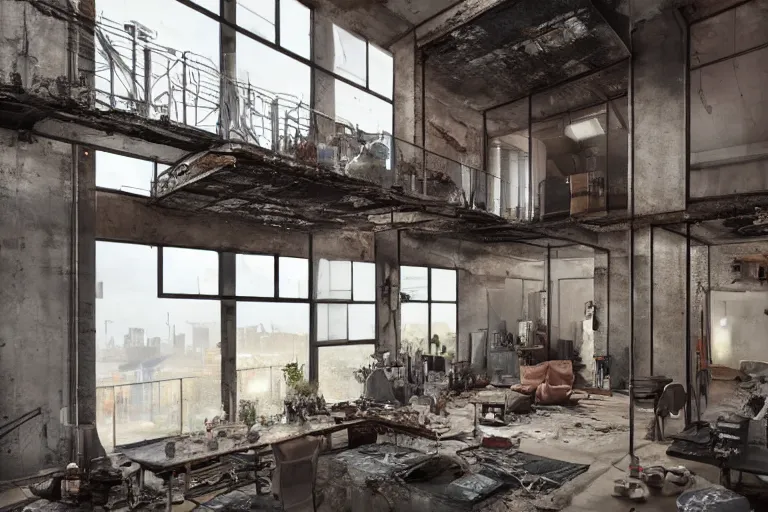 Image similar to an open - plan loft apartment with a panoramic view of a grim industrial landscape of cooling towers and rusted silos. inside, the apartment is fancy but filled with mess. extreme detail, artstation trending, artgerm, deviant art, octane, substance, art history 8 k