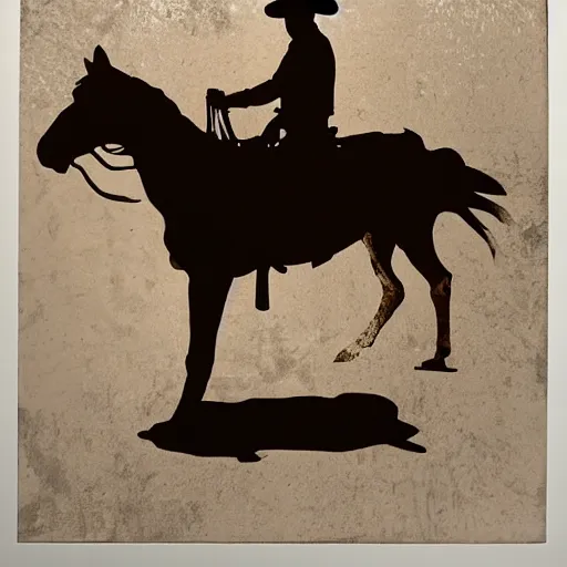 Prompt: transparent siluette of a cowboy outlaw sitting on a horse. serigraph. screen - printed on top of a photograph. sun - bleached highlights. sanded surface with scratches soft colors