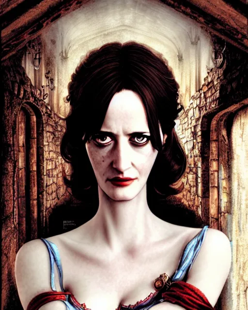 Prompt: character portrait of eva green with gorgeous detailed eyes in the castle, color page, tankoban, 4 k, tone mapping, doll, akihiko yoshida, james jean andrei riabovitchev marc simonetti, yoshitaka amano, short neck