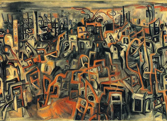 Prompt: a cityscape of chaos, houses, trees and hell in style of Chaim Soutine and Frank Auerbach and Bosch