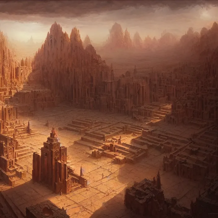 Image similar to matte painting by marc simonetti, jonathan solter, greg rutkowski of a desert temple, masterpiece, cinematic, hyperdetailed, photorealistic, hyperrealism, architecture, aerial view,