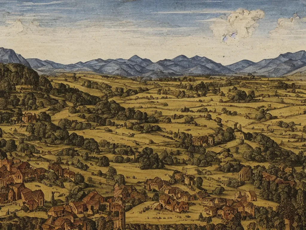 Image similar to medieval scenic with a fields hills and mountains