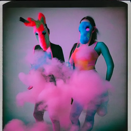 Image similar to polaroid of dancers that are made from cotton candy and smoke, with huge animal mask heads, mix, DADA collage, texture, lomography, fashion neon light